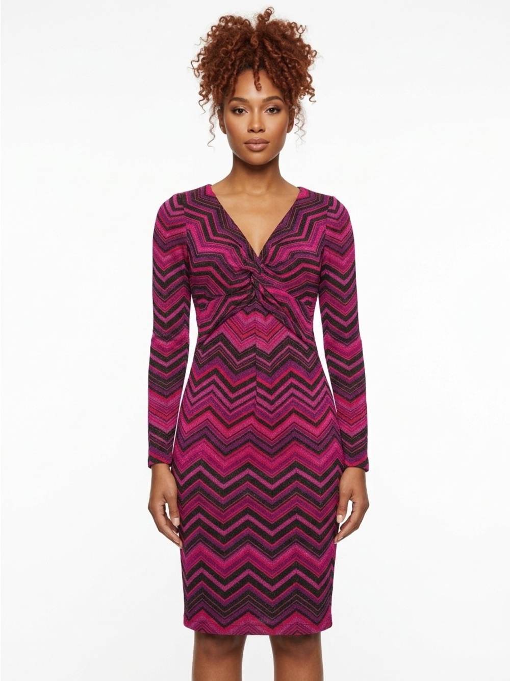 Cache Midi Dress Twist Front Long Sleeve Chevron Pink Purple XS